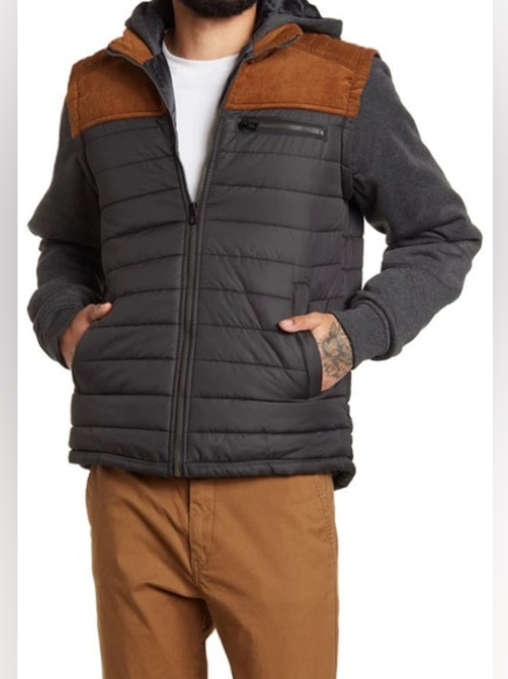 Distortion Corduroy Men's Quilted Puffer Hooded Jacket Brown Suede Yoke Gray